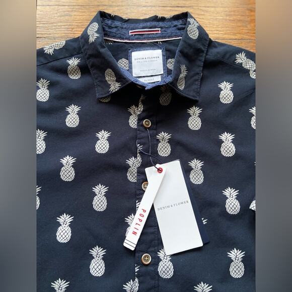 DENIM & FLOWER Ricky Singh Slim-Fit Navy w/White Pineapple Shirt sz L (NWT) - Picture 3 of 7